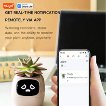 Load image into Gallery viewer, Tuya Ivy Smart Planter - My Potted Pal™ sends real-time watering alerts via app, shown with sad face and smartphone notification.
